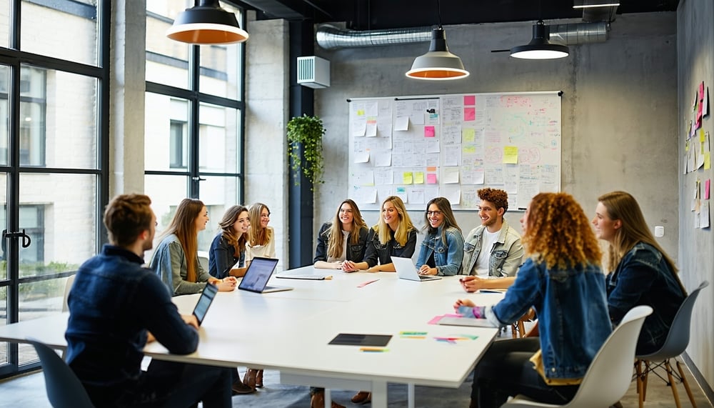 Team arbeitet an kreativen Marketing- und Designprojekten